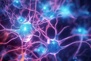 Close-up view of a vibrant neuron, intricately woven with its dendrites extending and intertwining with other neurons. Ai generated