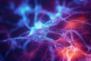 Close-up view of a vibrant neuron, intricately woven with its dendrites extending and intertwining with other neurons. Ai generated