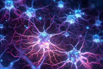 Close-up view of a vibrant neuron, intricately woven with its dendrites extending and intertwining with other neurons. Ai generated