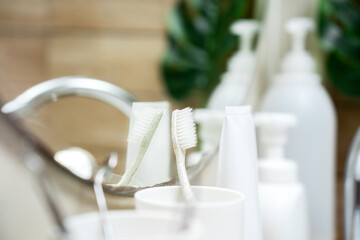 Toothbrush in bathroom, Diary routine in everyday bodycare and oral hygiene.