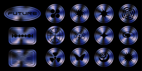 Set of holographic sticker. Vector illustration in y2k style. Graphic elements. Isolated dark background