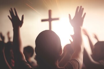 Easter and Good Friday concept,  soft focus of Christian worship with raised hand on white cross background, Generative AI