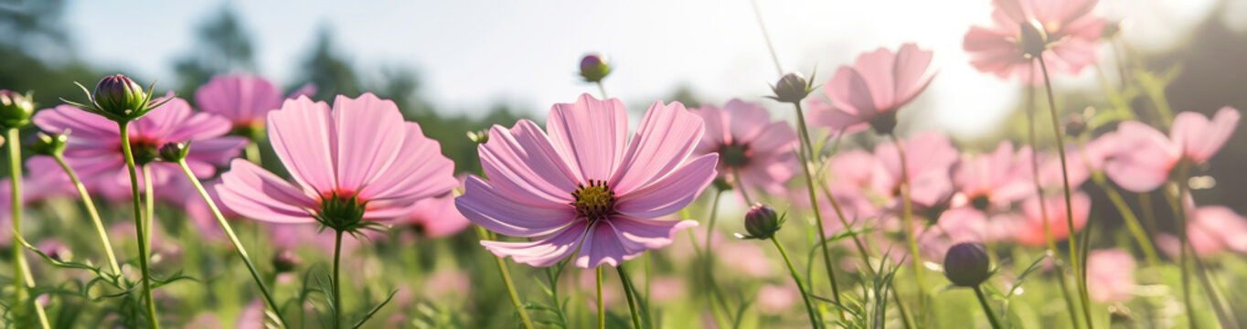 floral background. landscape with pink white flowers cosmea morning bright sun bokeh rays. Summer landscape background with beautiful flowers. Extra wide banner. Generative AI
