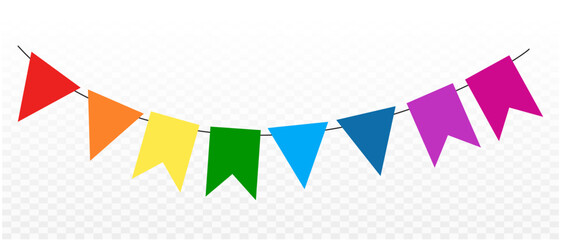 Obraz premium Colorful pennant bunting ribbon on transparent background. Happy carnival. Confetti festive colorful carnival illustration. Celebration background.