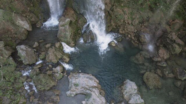 Aerial view of a waterfall, Gorgo de la Escalera, Anna, Valencia, Spain.