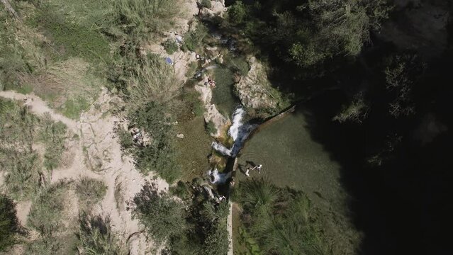 Aerial view of Gorgo de la Escalera with tourists, Anna, Valencia, Spain.