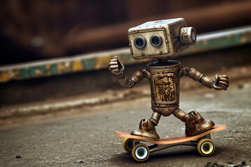 Small, comical robot expertly maneuvering on a skateboard representing the sheer joy and lightheartedness of a robot embracing the freedom of skateboarding. Ai generated