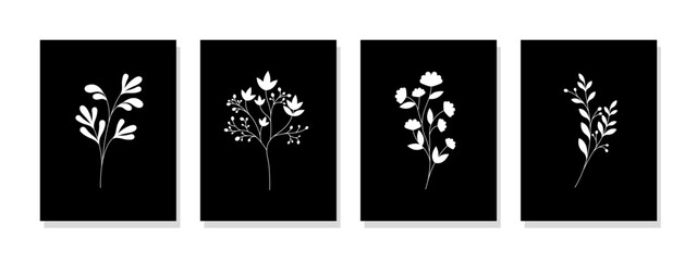 Elegant white petiole and flower silhouettes on a dark background. Minimalist monochrome design with timeless beauty.