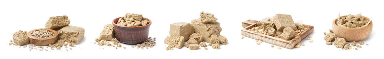 Collage of tasty halva with peanuts and sunflower seeds on white background