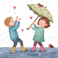 cute kids with hearts and rain 