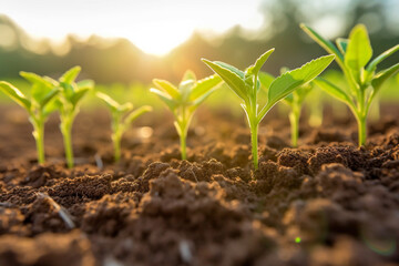 Young, vibrant plants emerge from the earth, their tender shoots reaching skyward, eager to thrive and mature. Ai generated