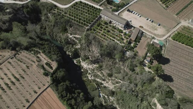 Aerial view of agricultural fields close to Gorgo de la Esca, Anna, Valencia, Spain.