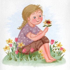 Fototapeta na wymiar illustration with cute girl and flowers 