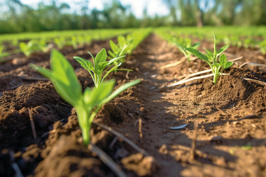 Young, vibrant plants emerge from the earth, their tender shoots reaching skyward, eager to thrive and mature. Ai generated