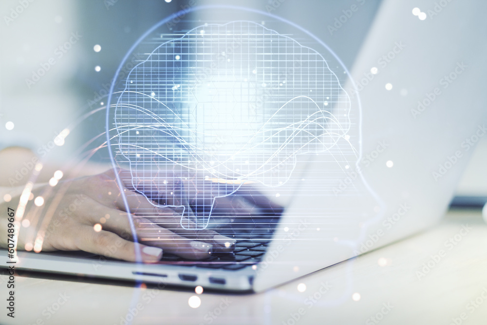Poster double exposure of creative artificial intelligence symbol with hands typing on laptop on background