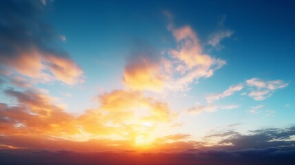 Naklejka na ściany i meble Sunset sky in the Morning with colorful orange sunrise on blue white clouds sky Background, Generative AI