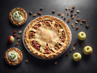 Hand Drawn Pies. Top View Homemade A Piece Of Sliced Apple. Chicken. Yam. Chocolate. Pumpkin And Pecan Pies. Generative AI