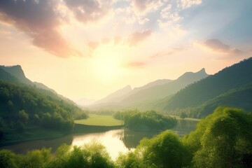 Sunrise over green forest with mountains and river background, Generative AI