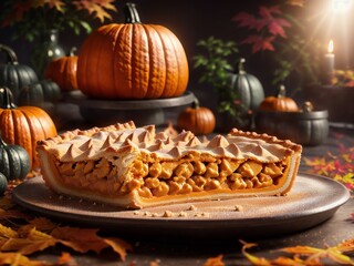 Thanksgiving Pumpkin Traditional Homemade Orange Pumpkin Pie. Autumn Holiday. Generative AI