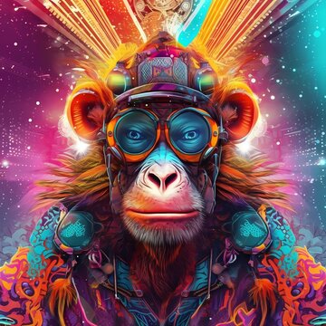 Colourful abstract digital art image depicting a monkey dressed like a psytrance music fan. Generated AI