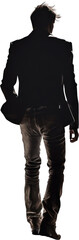  silhouette of a handsome wealthy young man walking away. jeans and suit. Isolated transparent PNG. rear view from the back.