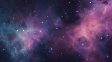 Fototapeta na wymiar Seamless space texture background. Stars in the night sky with purple pink and blue nebula. A high resolution astrology or astronomy backdrop pattern.