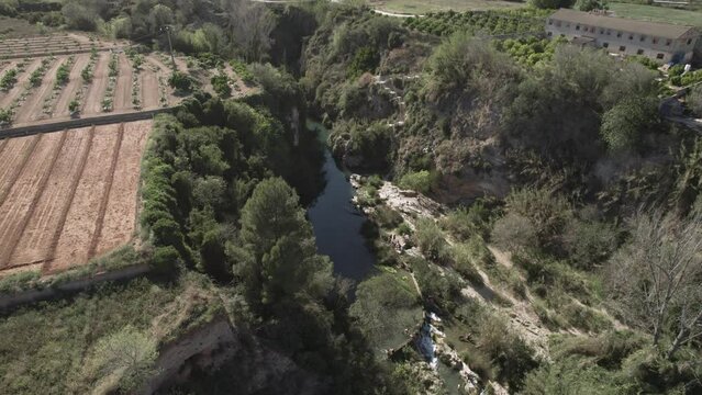 Aerial view of Gorgo de la Escalera with tourists, Anna, Valencia, Spain.