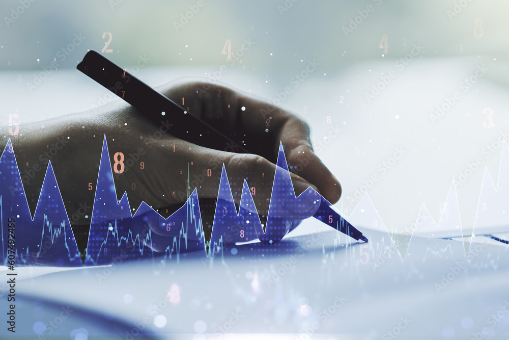 Poster abstract creative analytics data spreadsheet with man hand writing in diary on background, analytics