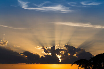 Gentle Sky at Sunset Sunrise with real sun and clouds. Real sunset sky, colorful sky during sunset or sunrise, weather, colorful colors of the sky with clouds during sunset or sunrise