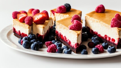 Slices Of Berry Cheesecakes Isolated On White Background. Generative AI