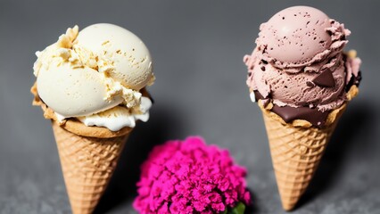 3d Illustration. Scoops Of Ice Cream With Four Types Of Chocolate Different. Various Flavors. With Fruit Yogurt. Vanilla. Natural Yogurt And Marshmallow. Generative AI