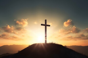 Good Friday concept: cross with sunset in the sky background, Generative AI