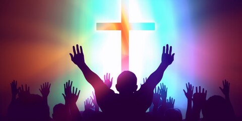 Easter and Good Friday concept, soft focus of Christian worship with raised hand on white cross, Generative AI - obrazy, fototapety, plakaty