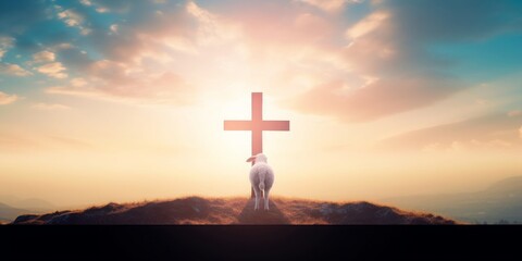 Resurrection of Jesus Christ concept: God Lamb in front of the cross of Jesus Christ on sunrise background, Generative AI