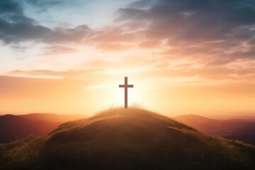 Christian cross on hill outdoors at sunrise, Generative AI