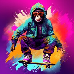 Colourful abstract digital art image depicting a monkey dressed like a skater. Generated AI