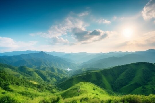World Environment Day concept: Green mountains and beautiful sky clouds under the blue sky, Generative AI