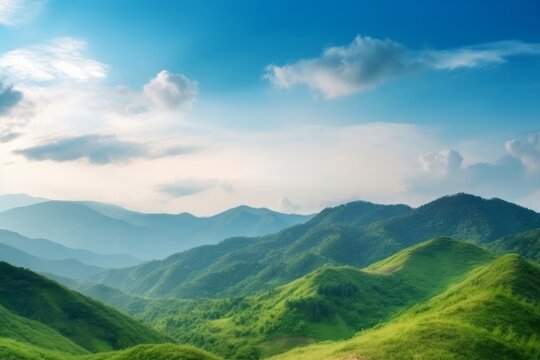 World Environment Day concept: Green mountains and beautiful sky clouds under the blue sky, Generative AI