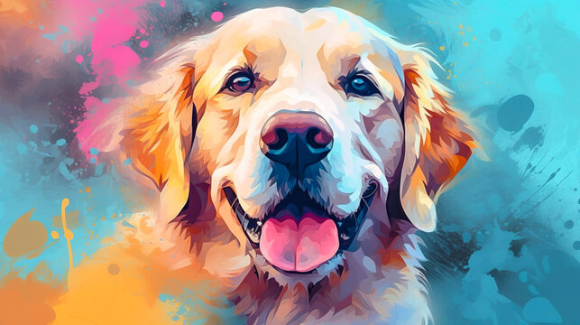 Golden retriever dog face vector illustration in abstract mixed grunge colors digital painting in minimal graphic art style. Very cute small dog. Digital illustration generative AI.