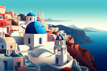 Generative AI illustration of a typical Mediterranean seaside resort town on a sunny day viewed from above in illustration style.