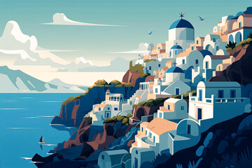 Obraz premium Generative AI illustration of a typical Mediterranean seaside resort town on a sunny day viewed from above in illustration style.