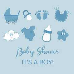 Baby shower design elements. Baby shower concept. It's a boy! 