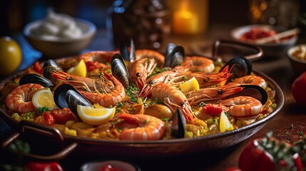 Illustration of a delicious seafood paella, a traditional Spanish dish created with Generative AI technology