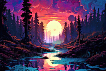 Fototapeta na wymiar purple sunset in the forest. Generative AI image.