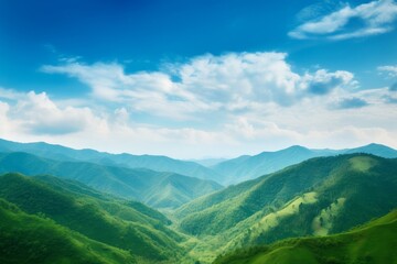 World environment day concept: Green mountains and beautiful blue sky clouds, Generative AI