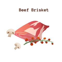 Beef brisket steak fresh  meat. Cartoon steak with tomato and mushrooms. Food for bbq, meal from butcher shop isolated, meat for menu. Vector illustration