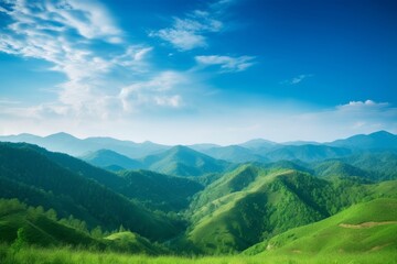 World environment day concept: Green mountains and beautiful blue sky clouds, Generative AI