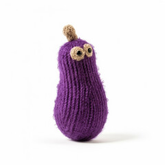 Handmade eggplant toy with funny face isolated on white background food puppet. Generative AI
