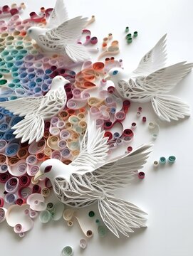 bright white background beautiful intricately multi-dimensional designed quilling paper racing pigeons