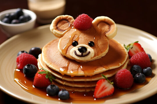 Creative kids meals. Children's breakfast pancakes smiling face of the teddy bear strawberry blueberry , cute food, honey. High quality photo . High quality photo Generative AI